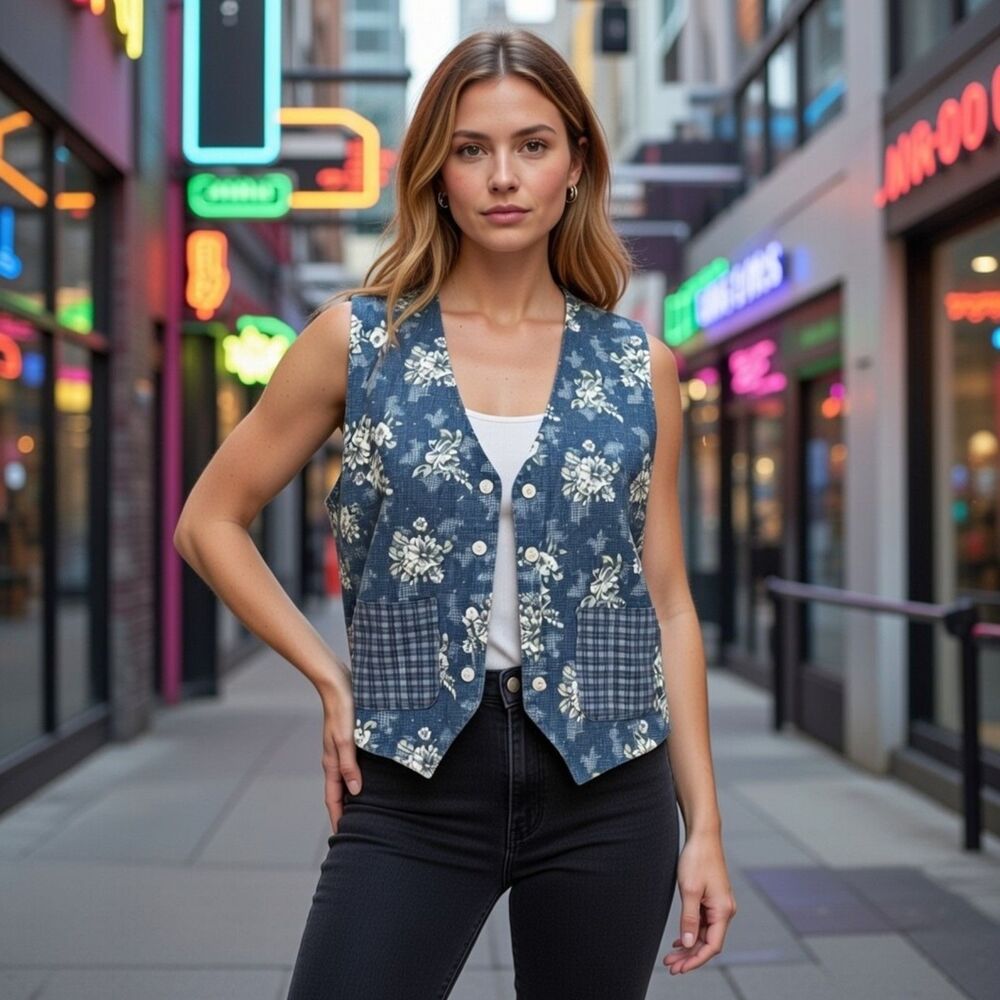 Vintage Cottagecore Floral Patchwork Button Front Vest Boho Prairie Top Size MP